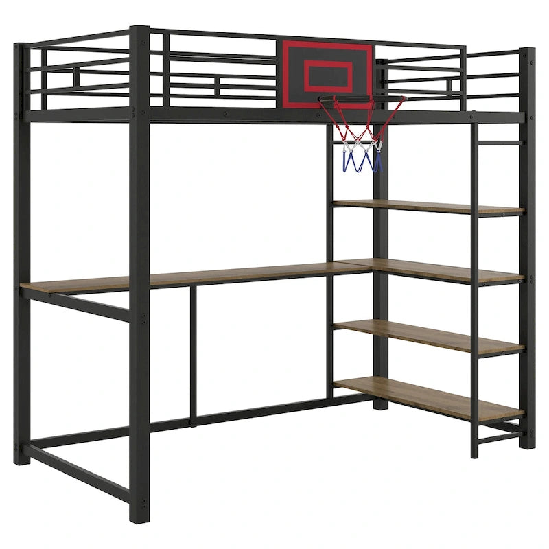 Black Heavy Duty Loft Bed with Desk and Basketball Hoop, Metal Loft Bed Frame with Storage Shelves for Kids, Teens -Twin Size