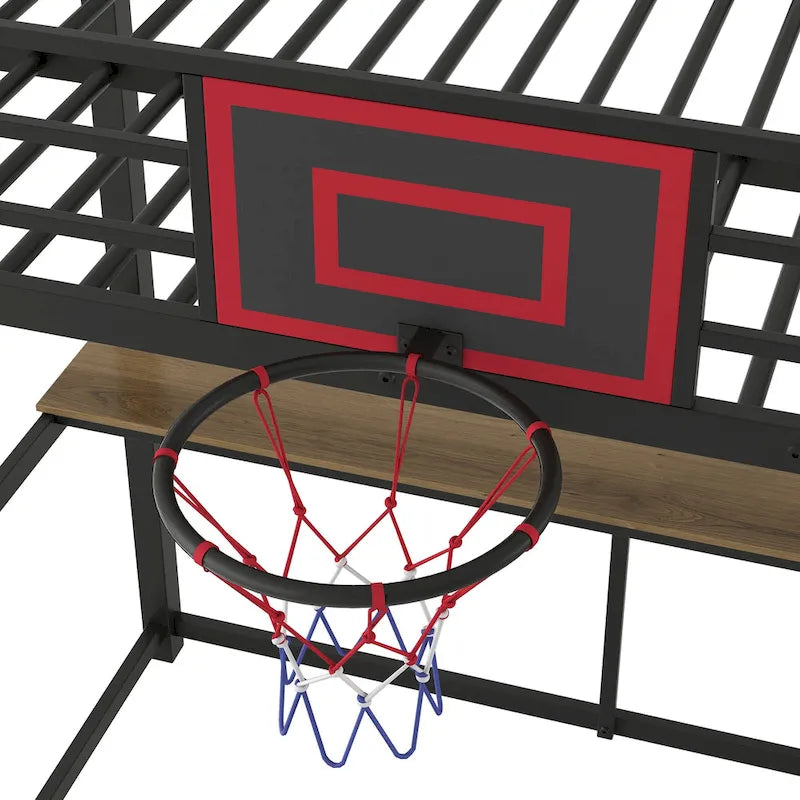 Black Heavy Duty Loft Bed with Desk and Basketball Hoop, Metal Loft Bed Frame with Storage Shelves for Kids, Teens -Twin Size