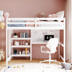 Full Size Loft Bed with Desk, 3-Tier Shelves and Writable Board, Wooden Storage Bed with Ladder and Guardrails for Safety