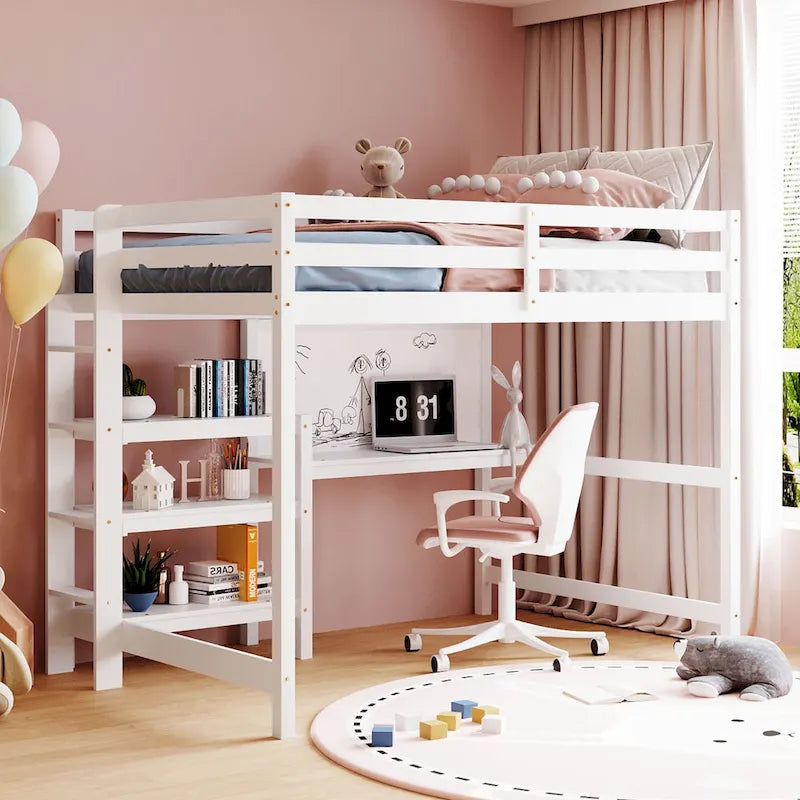 Full Size Loft Bed with Desk, 3-Tier Shelves and Writable Board, Wooden Storage Bed with Ladder and Guardrails for Safety