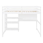 Full Size Loft Bed with Desk, 3-Tier Shelves and Writable Board, Wooden Storage Bed with Ladder and Guardrails for Safety