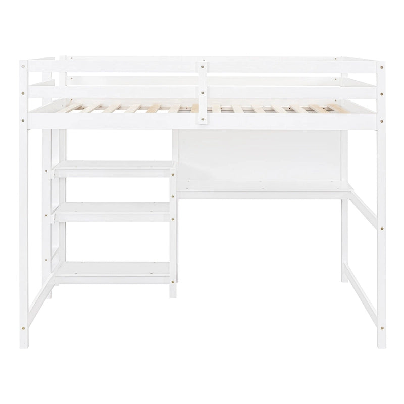 Full Size Loft Bed with Desk, 3-Tier Shelves and Writable Board, Wooden Storage Bed with Ladder and Guardrails for Safety
