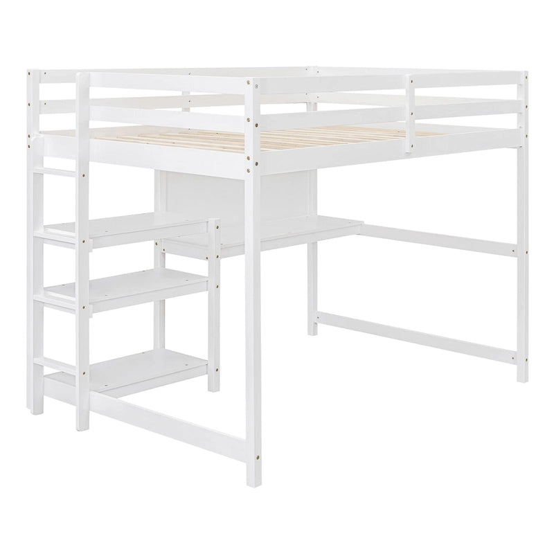 Full Size Loft Bed with Desk, 3-Tier Shelves and Writable Board, Wooden Storage Bed with Ladder and Guardrails for Safety
