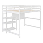 Full Size Loft Bed with Desk, 3-Tier Shelves and Writable Board, Wooden Storage Bed with Ladder and Guardrails for Safety