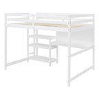 Full Size Loft Bed with Desk, 3-Tier Shelves and Writable Board, Wooden Storage Bed with Ladder and Guardrails for Safety