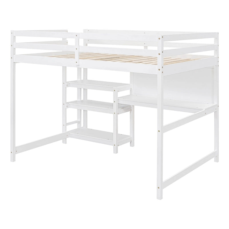 Full Size Loft Bed with Desk, 3-Tier Shelves and Writable Board, Wooden Storage Bed with Ladder and Guardrails for Safety