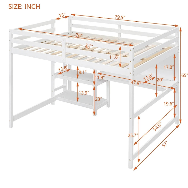 Full Size Loft Bed with Desk, 3-Tier Shelves and Writable Board, Wooden Storage Bed with Ladder and Guardrails for Safety