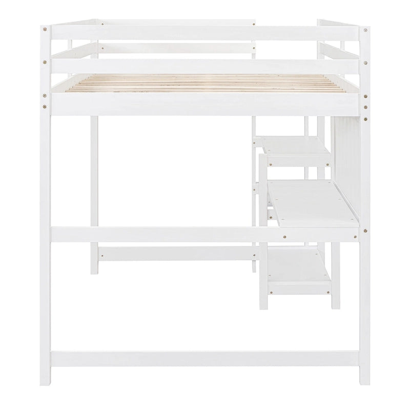 Full Size Loft Bed with Desk, 3-Tier Shelves and Writable Board, Wooden Storage Bed with Ladder and Guardrails for Safety