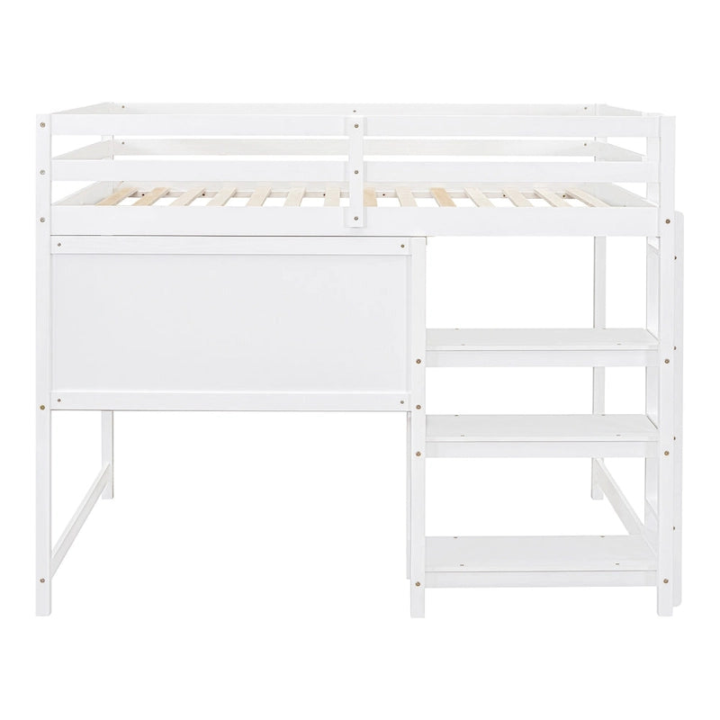 Full Size Loft Bed with Desk, 3-Tier Shelves and Writable Board, Wooden Storage Bed with Ladder and Guardrails for Safety