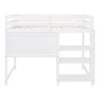 Full Size Loft Bed with Desk, 3-Tier Shelves and Writable Board, Wooden Storage Bed with Ladder and Guardrails for Safety