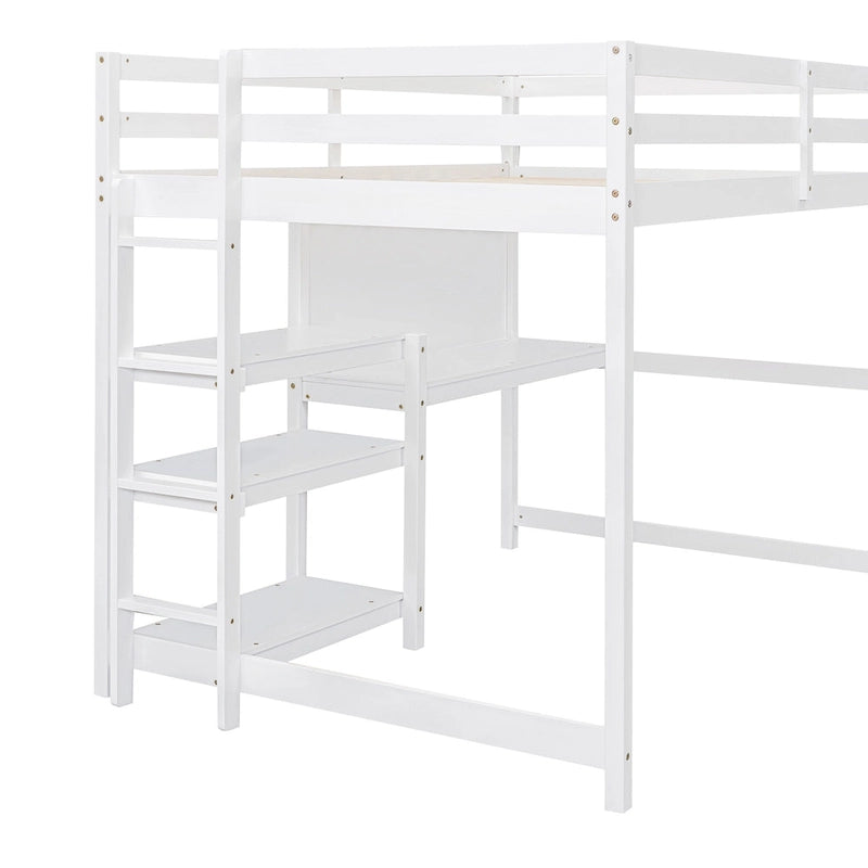 Full Size Loft Bed with Desk, 3-Tier Shelves and Writable Board, Wooden Storage Bed with Ladder and Guardrails for Safety