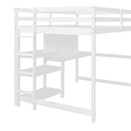Full Size Loft Bed with Desk, 3-Tier Shelves and Writable Board, Wooden Storage Bed with Ladder and Guardrails for Safety
