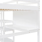 Full Size Loft Bed with Desk, 3-Tier Shelves and Writable Board, Wooden Storage Bed with Ladder and Guardrails for Safety