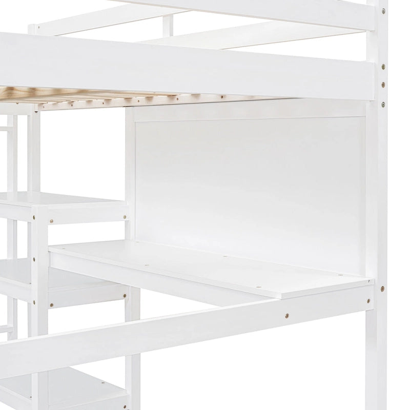 Full Size Loft Bed with Desk, 3-Tier Shelves and Writable Board, Wooden Storage Bed with Ladder and Guardrails for Safety
