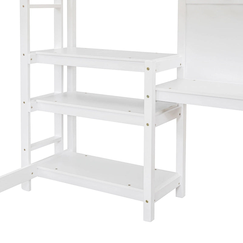 Full Size Loft Bed with Desk, 3-Tier Shelves and Writable Board, Wooden Storage Bed with Ladder and Guardrails for Safety