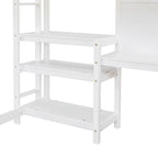 Full Size Loft Bed with Desk, 3-Tier Shelves and Writable Board, Wooden Storage Bed with Ladder and Guardrails for Safety