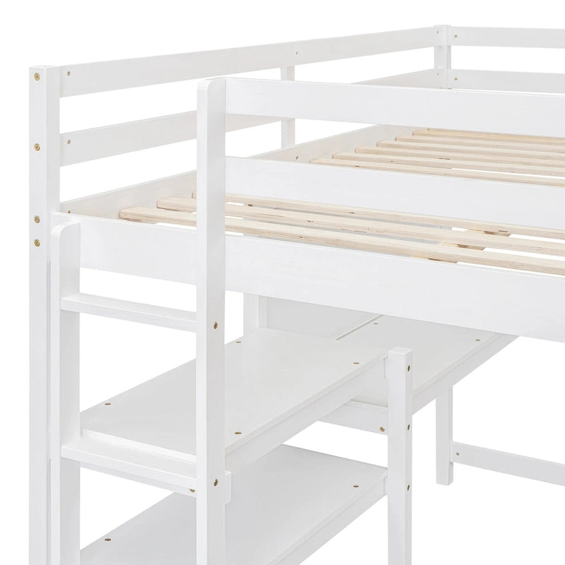 Full Size Loft Bed with Desk, 3-Tier Shelves and Writable Board, Wooden Storage Bed with Ladder and Guardrails for Safety