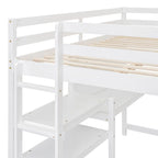 Full Size Loft Bed with Desk, 3-Tier Shelves and Writable Board, Wooden Storage Bed with Ladder and Guardrails for Safety