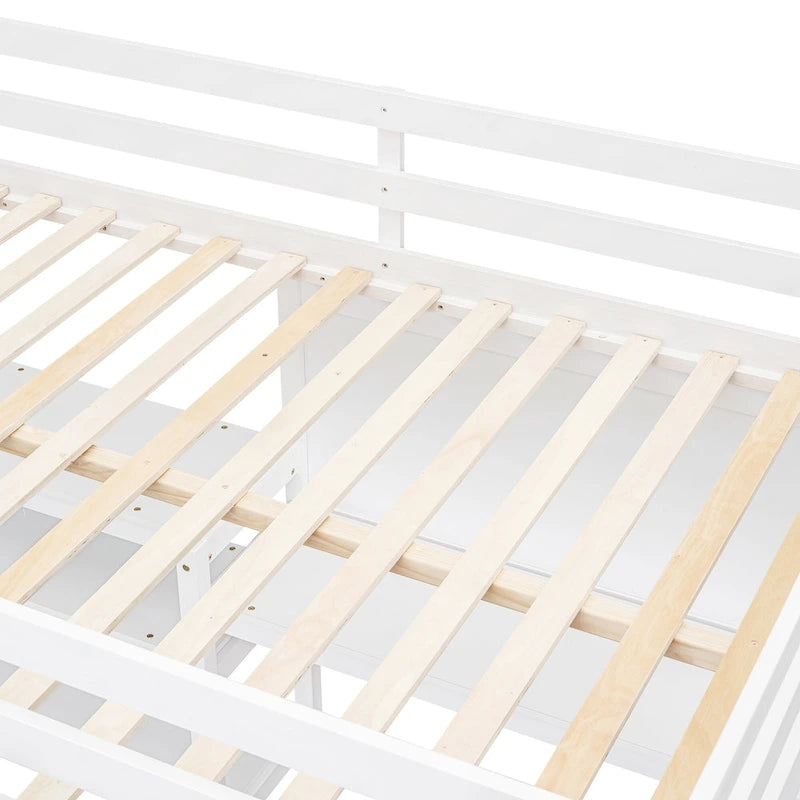 Full Size Loft Bed with Desk, 3-Tier Shelves and Writable Board, Wooden Storage Bed with Ladder and Guardrails for Safety