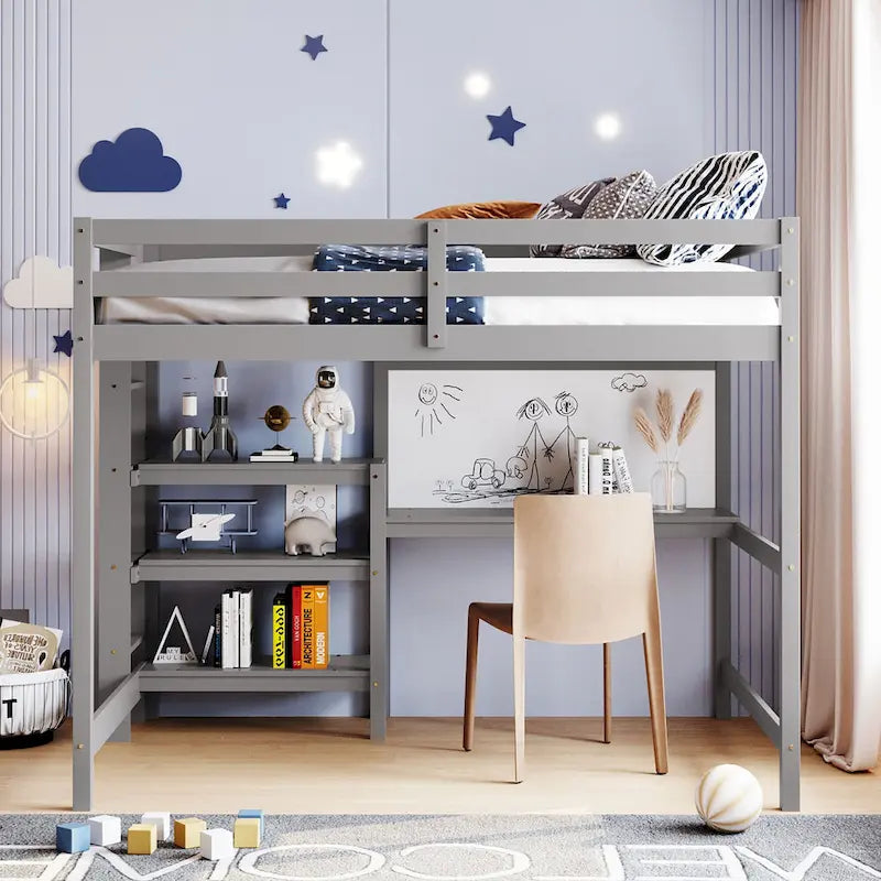Full Size Loft Bed with Desk, 3-Tier Shelves and Writable Board, Wooden Storage Bed with Ladder and Guardrails for Safety