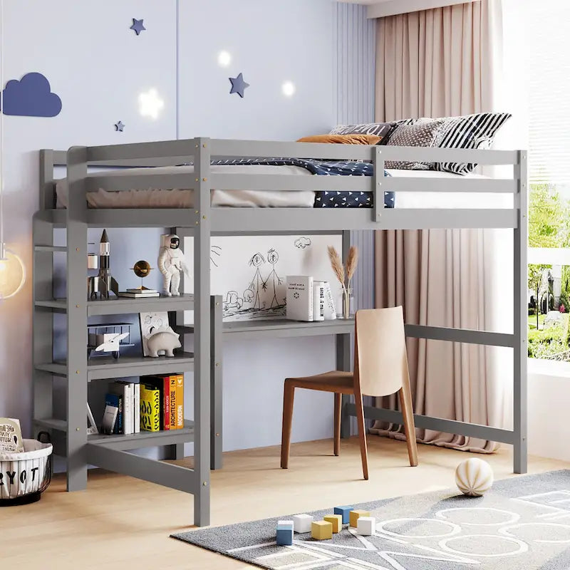 Full Size Loft Bed with Desk, 3-Tier Shelves and Writable Board, Wooden Storage Bed with Ladder and Guardrails for Safety
