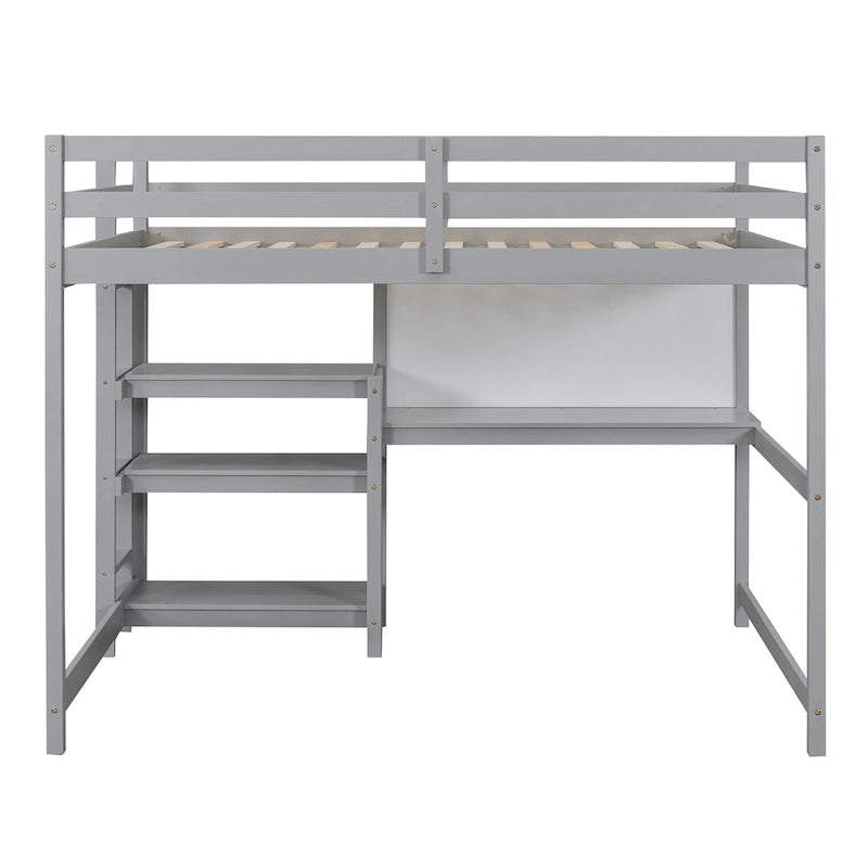 Full Size Loft Bed with Desk, 3-Tier Shelves and Writable Board, Wooden Storage Bed with Ladder and Guardrails for Safety