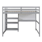 Full Size Loft Bed with Desk, 3-Tier Shelves and Writable Board, Wooden Storage Bed with Ladder and Guardrails for Safety