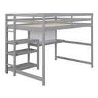Full Size Loft Bed with Desk, 3-Tier Shelves and Writable Board, Wooden Storage Bed with Ladder and Guardrails for Safety