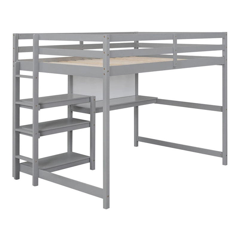 Full Size Loft Bed with Desk, 3-Tier Shelves and Writable Board, Wooden Storage Bed with Ladder and Guardrails for Safety