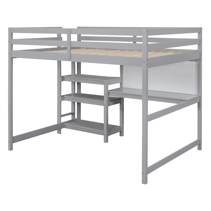 Full Size Loft Bed with Desk, 3-Tier Shelves and Writable Board, Wooden Storage Bed with Ladder and Guardrails for Safety