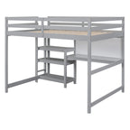 Full Size Loft Bed with Desk, 3-Tier Shelves and Writable Board, Wooden Storage Bed with Ladder and Guardrails for Safety