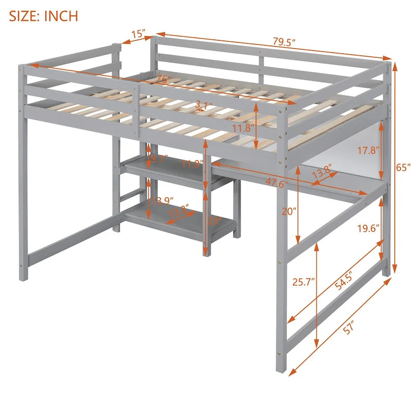 Full Size Loft Bed with Desk, 3-Tier Shelves and Writable Board, Wooden Storage Bed with Ladder and Guardrails for Safety