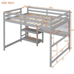 Full Size Loft Bed with Desk, 3-Tier Shelves and Writable Board, Wooden Storage Bed with Ladder and Guardrails for Safety