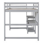 Full Size Loft Bed with Desk, 3-Tier Shelves and Writable Board, Wooden Storage Bed with Ladder and Guardrails for Safety