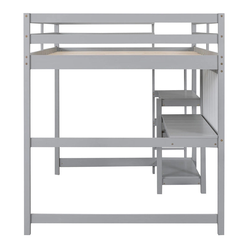 Full Size Loft Bed with Desk, 3-Tier Shelves and Writable Board, Wooden Storage Bed with Ladder and Guardrails for Safety