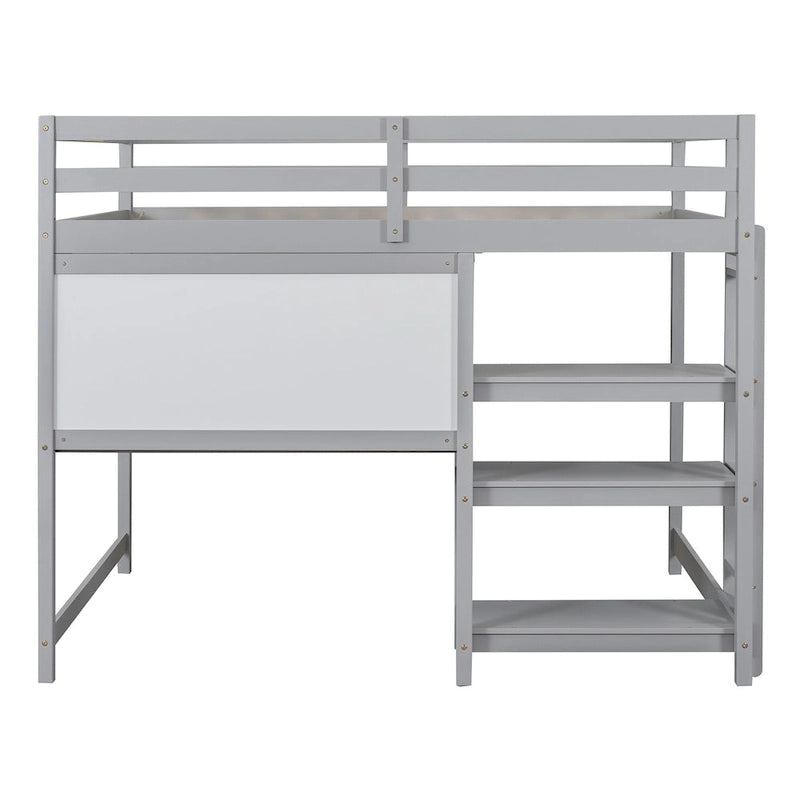 Full Size Loft Bed with Desk, 3-Tier Shelves and Writable Board, Wooden Storage Bed with Ladder and Guardrails for Safety