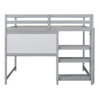 Full Size Loft Bed with Desk, 3-Tier Shelves and Writable Board, Wooden Storage Bed with Ladder and Guardrails for Safety
