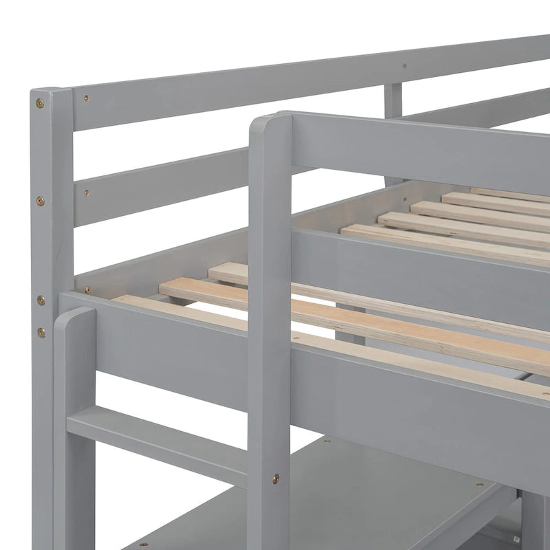 Full Size Loft Bed with Desk, 3-Tier Shelves and Writable Board, Wooden Storage Bed with Ladder and Guardrails for Safety