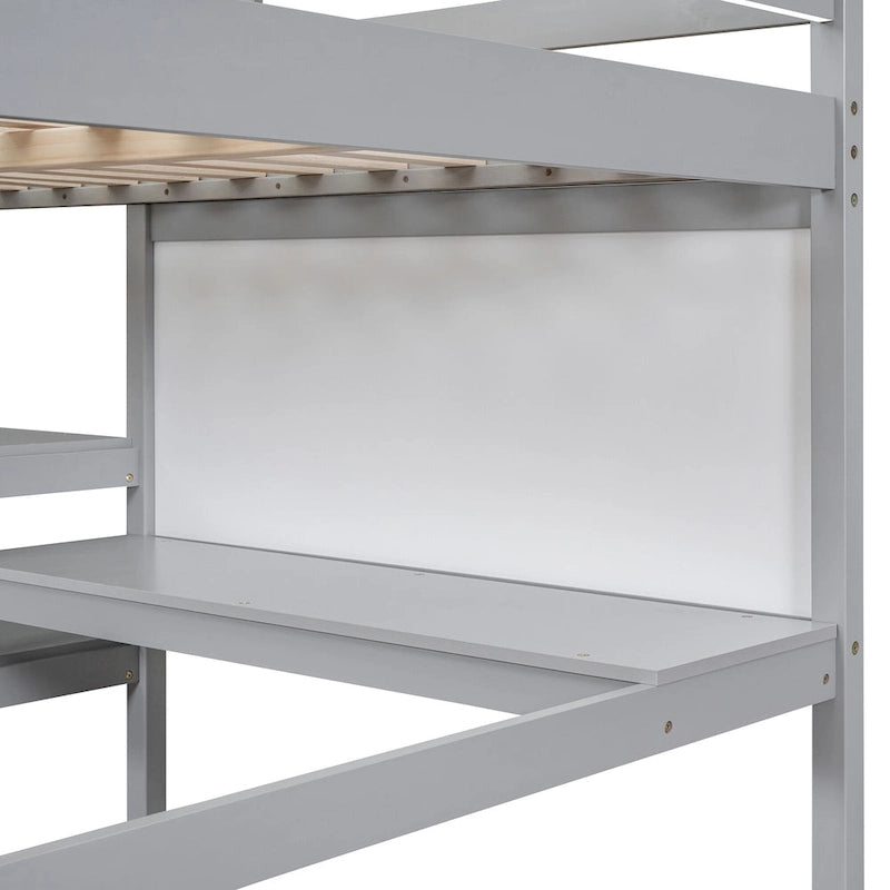 Full Size Loft Bed with Desk, 3-Tier Shelves and Writable Board, Wooden Storage Bed with Ladder and Guardrails for Safety