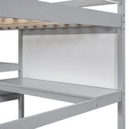 Full Size Loft Bed with Desk, 3-Tier Shelves and Writable Board, Wooden Storage Bed with Ladder and Guardrails for Safety