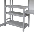 Full Size Loft Bed with Desk, 3-Tier Shelves and Writable Board, Wooden Storage Bed with Ladder and Guardrails for Safety