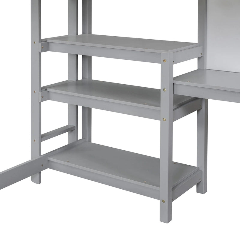 Full Size Loft Bed with Desk, 3-Tier Shelves and Writable Board, Wooden Storage Bed with Ladder and Guardrails for Safety