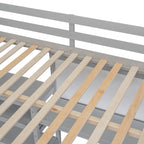 Full Size Loft Bed with Desk, 3-Tier Shelves and Writable Board, Wooden Storage Bed with Ladder and Guardrails for Safety