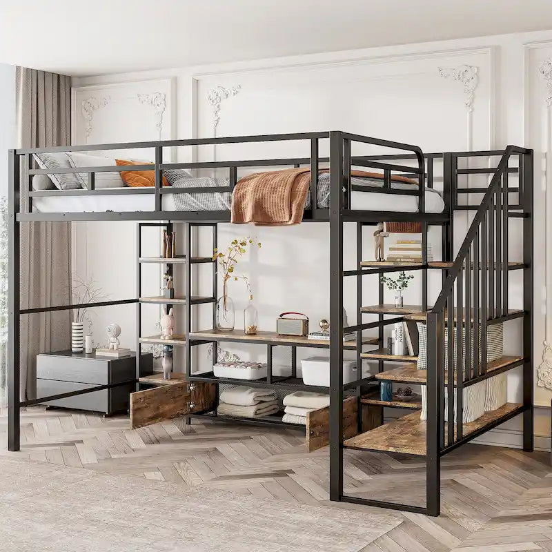 Full Size Metal Loft Bed with Storage Staircase & Work Table (250lb Capacity)