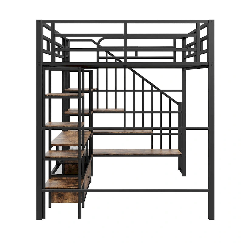 Full Size Metal Loft Bed with Storage Staircase & Work Table (250lb Capacity)