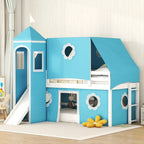 Cute Solid Wood House Loft Bed with Slide, Tent, and Tower for Bedroom