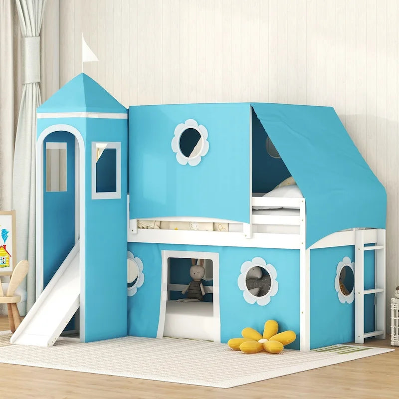 Cute Solid Wood House Loft Bed with Slide, Tent, and Tower for Bedroom