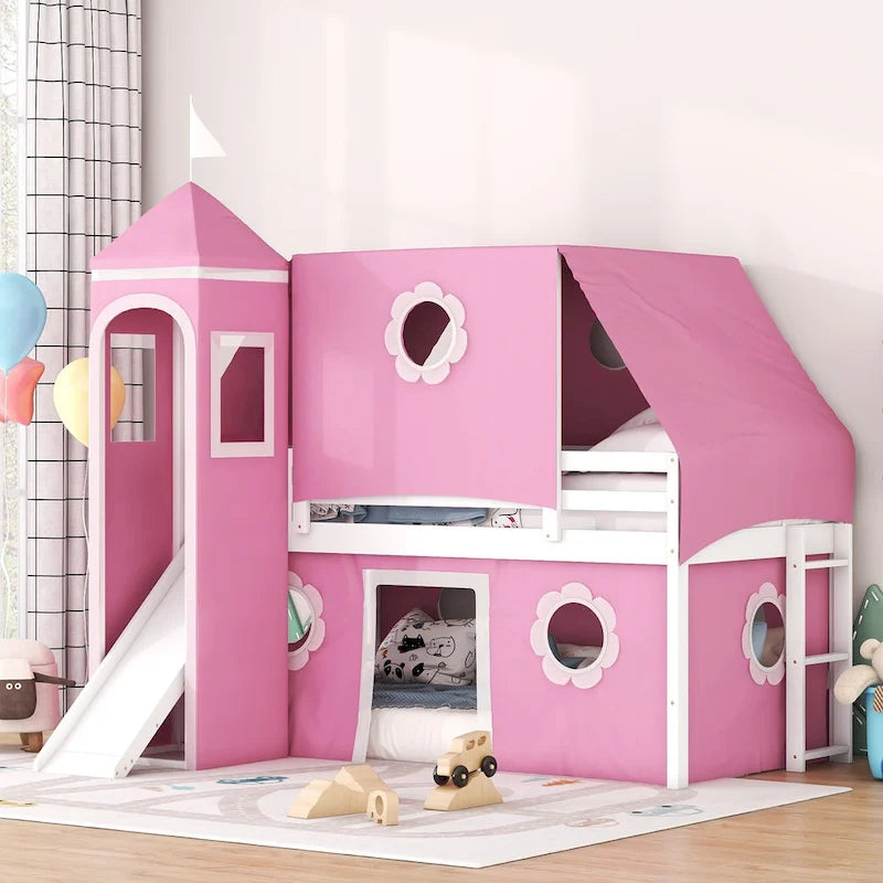 Cute Solid Wood House Loft Bed with Slide, Tent, and Tower for Bedroom