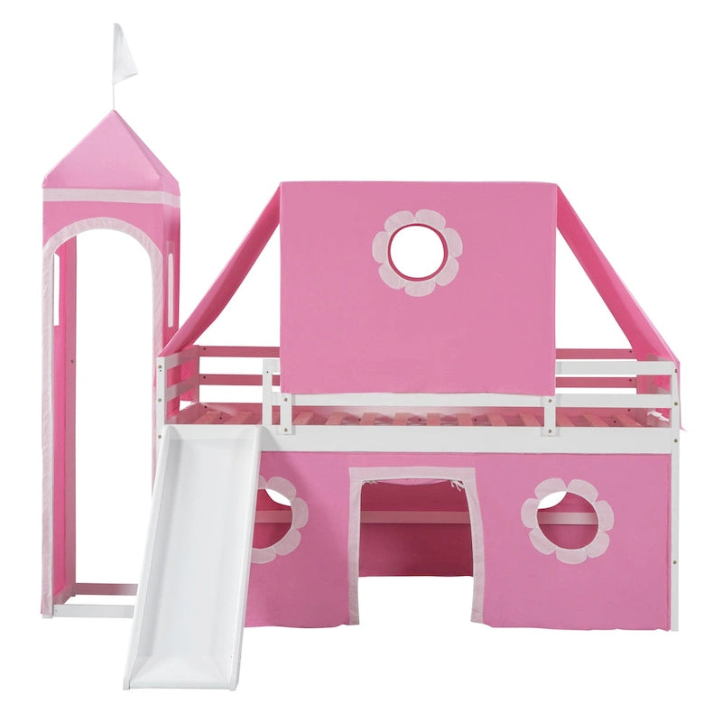 Cute Solid Wood House Loft Bed with Slide, Tent, and Tower for Bedroom