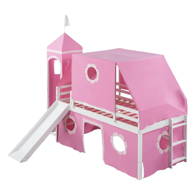 Cute Solid Wood House Loft Bed with Slide, Tent, and Tower for Bedroom